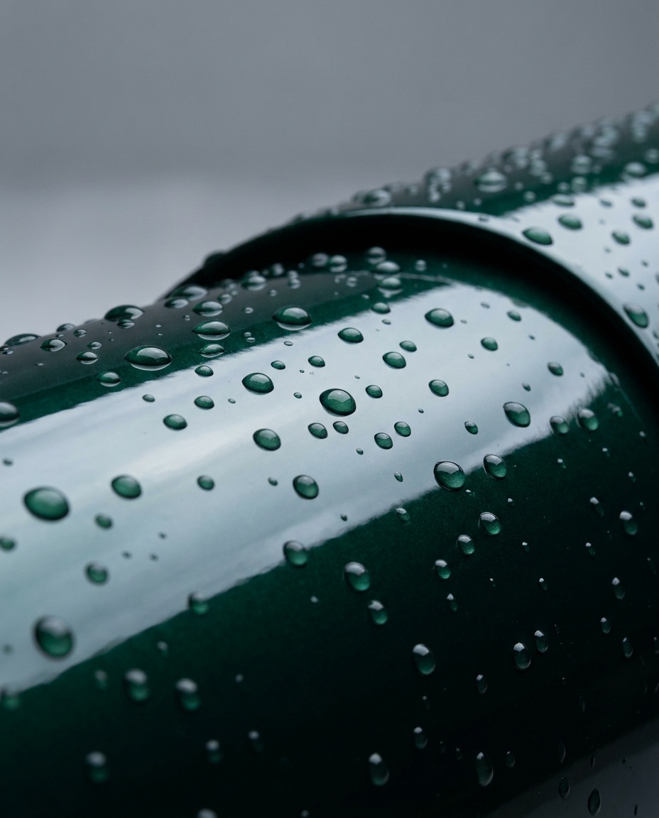 Rain beading into round droplets on glossy deep-green car paintwork on a grey Cardiff morning
